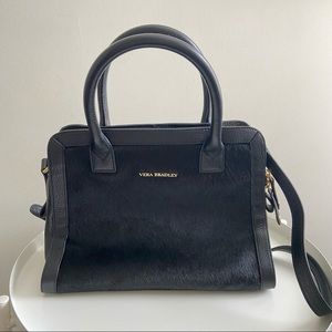Vera Bradley black leather and calf hair satchel